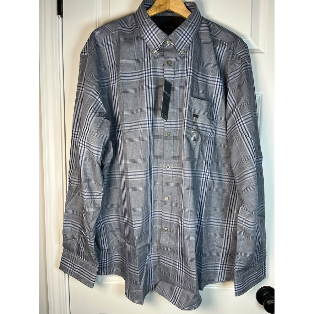Van Heusen Men Gray Blue Plaid No Iron Long Sleeve Button Down Shirt XL 17-17.5
